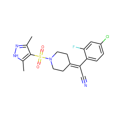 Cc1n[nH]c(C)c1S(=O)(=O)N1CCC(=C(C#N)c2ccc(Cl)cc2F)CC1 ZINC000222813649