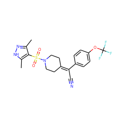 Cc1n[nH]c(C)c1S(=O)(=O)N1CCC(=C(C#N)c2ccc(OC(F)(F)F)cc2)CC1 ZINC000222829550