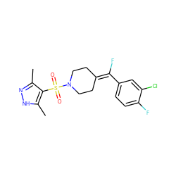 Cc1n[nH]c(C)c1S(=O)(=O)N1CCC(=C(F)c2ccc(F)c(Cl)c2)CC1 ZINC000222846534