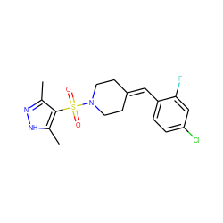 Cc1n[nH]c(C)c1S(=O)(=O)N1CCC(=Cc2ccc(Cl)cc2F)CC1 ZINC000222829788