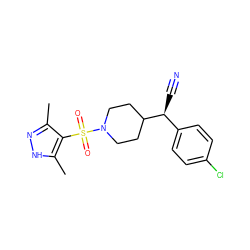 Cc1n[nH]c(C)c1S(=O)(=O)N1CCC([C@@H](C#N)c2ccc(Cl)cc2)CC1 ZINC000207081877