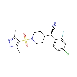 Cc1n[nH]c(C)c1S(=O)(=O)N1CCC([C@@H](C#N)c2ccc(Cl)cc2F)CC1 ZINC000207081762