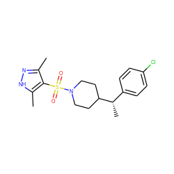 Cc1n[nH]c(C)c1S(=O)(=O)N1CCC([C@@H](C)c2ccc(Cl)cc2)CC1 ZINC000207097716