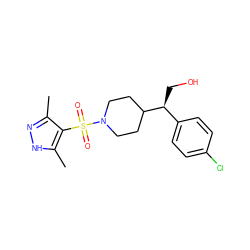 Cc1n[nH]c(C)c1S(=O)(=O)N1CCC([C@@H](CO)c2ccc(Cl)cc2)CC1 ZINC000207097493