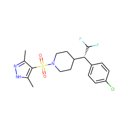 Cc1n[nH]c(C)c1S(=O)(=O)N1CCC([C@@H](c2ccc(Cl)cc2)C(F)F)CC1 ZINC000207114072