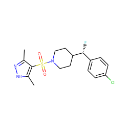 Cc1n[nH]c(C)c1S(=O)(=O)N1CCC([C@H](F)c2ccc(Cl)cc2)CC1 ZINC000207097883