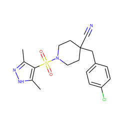 Cc1n[nH]c(C)c1S(=O)(=O)N1CCC(C#N)(Cc2ccc(Cl)cc2)CC1 ZINC000207282562