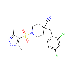 Cc1n[nH]c(C)c1S(=O)(=O)N1CCC(C#N)(Cc2ccc(Cl)cc2Cl)CC1 ZINC000207282634