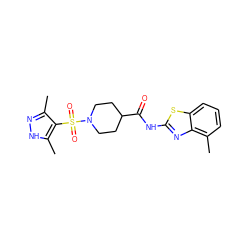 Cc1n[nH]c(C)c1S(=O)(=O)N1CCC(C(=O)Nc2nc3c(C)cccc3s2)CC1 ZINC000020181862