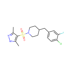 Cc1n[nH]c(C)c1S(=O)(=O)N1CCC(Cc2ccc(Cl)c(F)c2)CC1 ZINC000216303849