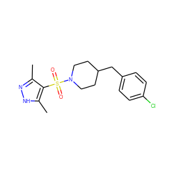 Cc1n[nH]c(C)c1S(=O)(=O)N1CCC(Cc2ccc(Cl)cc2)CC1 ZINC000216303789