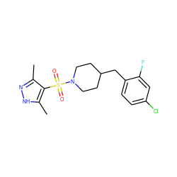 Cc1n[nH]c(C)c1S(=O)(=O)N1CCC(Cc2ccc(Cl)cc2F)CC1 ZINC000216304120