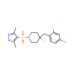 Cc1n[nH]c(C)c1S(=O)(=O)N1CCC(F)(Cc2ccc(Cl)cc2F)CC1 ZINC000207299466