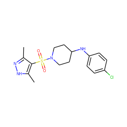 Cc1n[nH]c(C)c1S(=O)(=O)N1CCC(Nc2ccc(Cl)cc2)CC1 ZINC000159316077