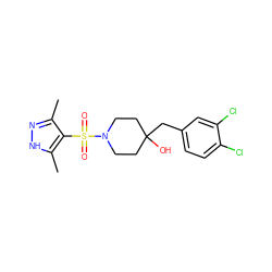 Cc1n[nH]c(C)c1S(=O)(=O)N1CCC(O)(Cc2ccc(Cl)c(Cl)c2)CC1 ZINC000207282828