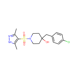 Cc1n[nH]c(C)c1S(=O)(=O)N1CCC(O)(Cc2ccc(Cl)cc2)CC1 ZINC000207097822