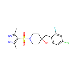 Cc1n[nH]c(C)c1S(=O)(=O)N1CCC(O)(Cc2ccc(Cl)cc2F)CC1 ZINC000207299343