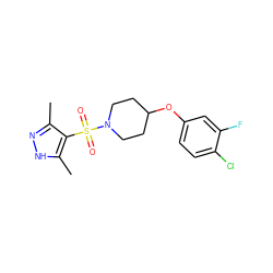 Cc1n[nH]c(C)c1S(=O)(=O)N1CCC(Oc2ccc(Cl)c(F)c2)CC1 ZINC000207252462