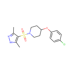 Cc1n[nH]c(C)c1S(=O)(=O)N1CCC(Oc2ccc(Cl)cc2)CC1 ZINC000207161727