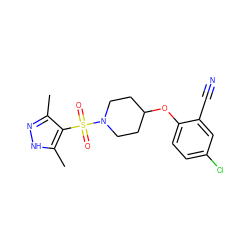 Cc1n[nH]c(C)c1S(=O)(=O)N1CCC(Oc2ccc(Cl)cc2C#N)CC1 ZINC000207225265