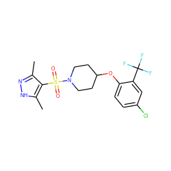 Cc1n[nH]c(C)c1S(=O)(=O)N1CCC(Oc2ccc(Cl)cc2C(F)(F)F)CC1 ZINC000207239193