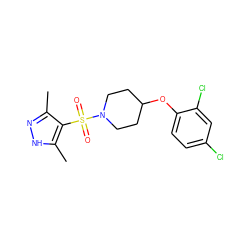 Cc1n[nH]c(C)c1S(=O)(=O)N1CCC(Oc2ccc(Cl)cc2Cl)CC1 ZINC000207194412