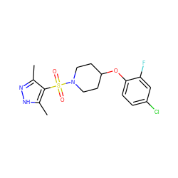 Cc1n[nH]c(C)c1S(=O)(=O)N1CCC(Oc2ccc(Cl)cc2F)CC1 ZINC000207225328