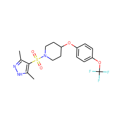 Cc1n[nH]c(C)c1S(=O)(=O)N1CCC(Oc2ccc(OC(F)(F)F)cc2)CC1 ZINC000207225141