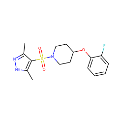 Cc1n[nH]c(C)c1S(=O)(=O)N1CCC(Oc2ccccc2F)CC1 ZINC000019658740