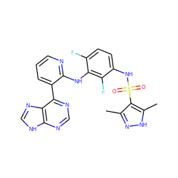 Cc1n[nH]c(C)c1S(=O)(=O)Nc1ccc(F)c(Nc2ncccc2-c2ncnc3[nH]cnc23)c1F ZINC000653842750