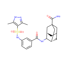 Cc1n[nH]c(C)c1S(=O)(=O)Nc1cccc(C(=O)NC2[C@H]3CC4C[C@H]2CC(C(N)=O)(C4)C3)c1 ZINC001772593253