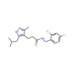 Cc1n[nH]c(CC(C)C)c1CCC(=O)NCc1ccc(F)cc1Cl ZINC000058603640