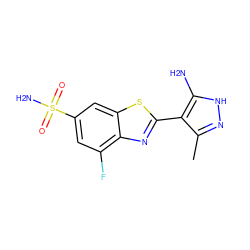 Cc1n[nH]c(N)c1-c1nc2c(F)cc(S(N)(=O)=O)cc2s1 ZINC000114399879