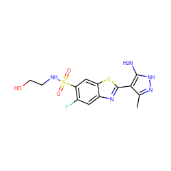 Cc1n[nH]c(N)c1-c1nc2cc(F)c(S(=O)(=O)NCCO)cc2s1 ZINC000114398173