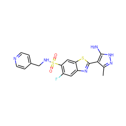 Cc1n[nH]c(N)c1-c1nc2cc(F)c(S(=O)(=O)NCc3ccncc3)cc2s1 ZINC000114400854