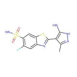 Cc1n[nH]c(N)c1-c1nc2cc(F)c(S(N)(=O)=O)cc2s1 ZINC000114398055