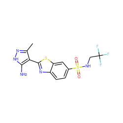 Cc1n[nH]c(N)c1-c1nc2ccc(S(=O)(=O)NCC(F)(F)F)cc2s1 ZINC000114400208