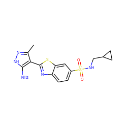 Cc1n[nH]c(N)c1-c1nc2ccc(S(=O)(=O)NCC3CC3)cc2s1 ZINC000114398045