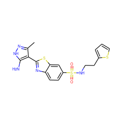 Cc1n[nH]c(N)c1-c1nc2ccc(S(=O)(=O)NCCc3cccs3)cc2s1 ZINC000114398347