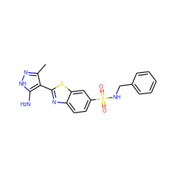 Cc1n[nH]c(N)c1-c1nc2ccc(S(=O)(=O)NCc3ccccc3)cc2s1 ZINC000114397833