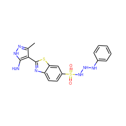 Cc1n[nH]c(N)c1-c1nc2ccc(S(=O)(=O)NNNc3ccccc3)cc2s1 ZINC000114399361