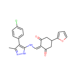 Cc1n[nH]c(NC=C2C(=O)CC(c3ccco3)CC2=O)c1-c1ccc(Cl)cc1 ZINC000100125642