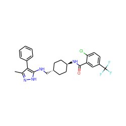 Cc1n[nH]c(NC[C@H]2CC[C@H](NC(=O)c3cc(C(F)(F)F)ccc3Cl)CC2)c1-c1ccccc1 ZINC000261184470