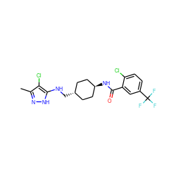 Cc1n[nH]c(NC[C@H]2CC[C@H](NC(=O)c3cc(C(F)(F)F)ccc3Cl)CC2)c1Cl ZINC000261147422