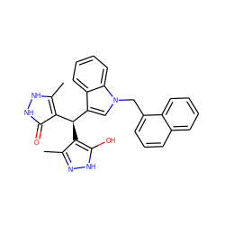 Cc1n[nH]c(O)c1[C@@H](c1c(C)[nH][nH]c1=O)c1cn(Cc2cccc3ccccc23)c2ccccc12 ZINC000008400807