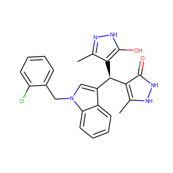 Cc1n[nH]c(O)c1[C@@H](c1c(C)[nH][nH]c1=O)c1cn(Cc2ccccc2Cl)c2ccccc12 ZINC000006177556