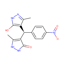 Cc1n[nH]c(O)c1[C@@H](c1ccc([N+](=O)[O-])cc1)c1c(C)[nH][nH]c1=O ZINC000017837758