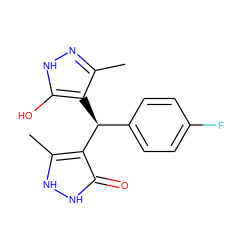 Cc1n[nH]c(O)c1[C@@H](c1ccc(F)cc1)c1c(C)[nH][nH]c1=O ZINC000019886023