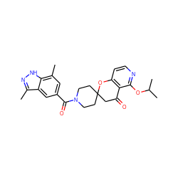 Cc1n[nH]c2c(C)cc(C(=O)N3CCC4(CC3)CC(=O)c3c(ccnc3OC(C)C)O4)cc12 ZINC000049068253