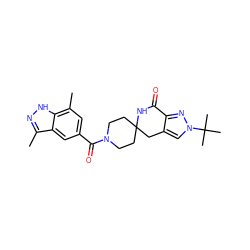 Cc1n[nH]c2c(C)cc(C(=O)N3CCC4(CC3)Cc3cn(C(C)(C)C)nc3C(=O)N4)cc12 ZINC000096283387